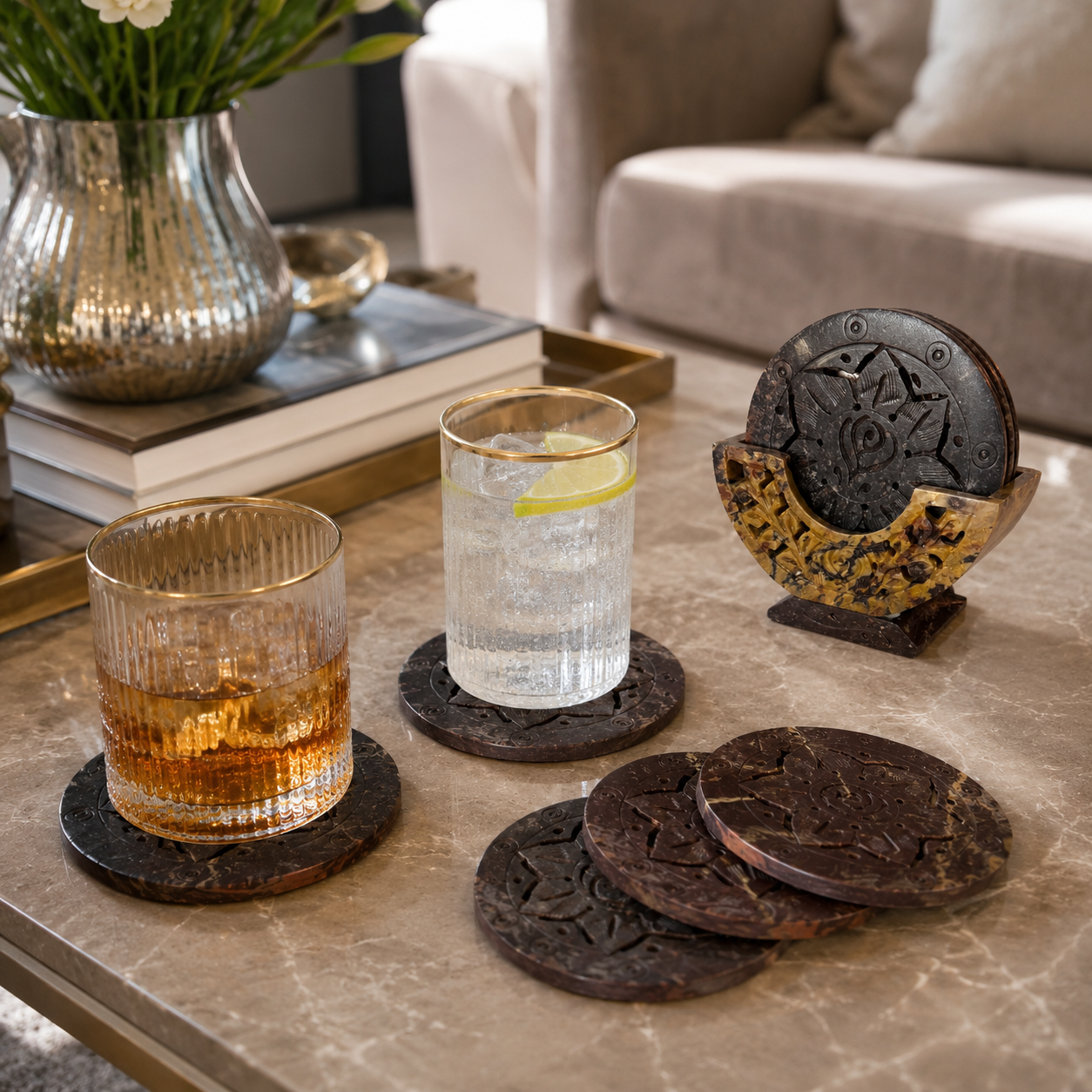 Marble Flower Cut Coasters with Stand