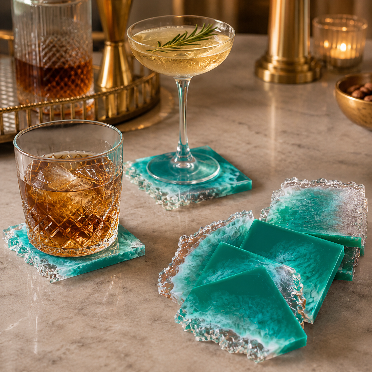 Ocean Green Agate Resin Coasters – Set of 6