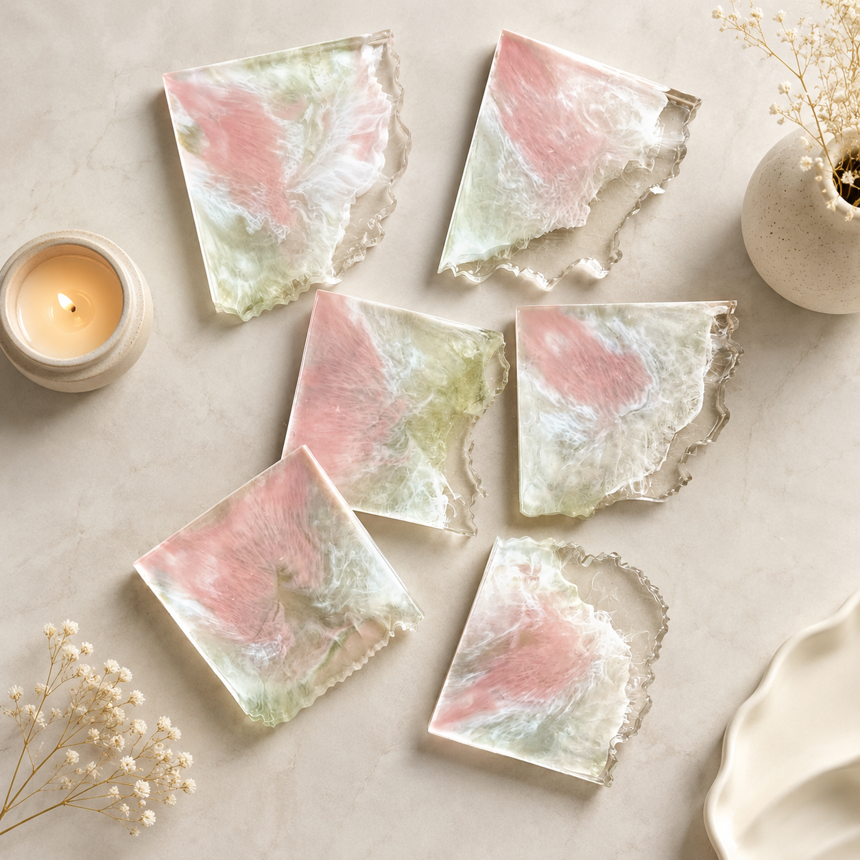 Pink & White Marble Resin Coasters