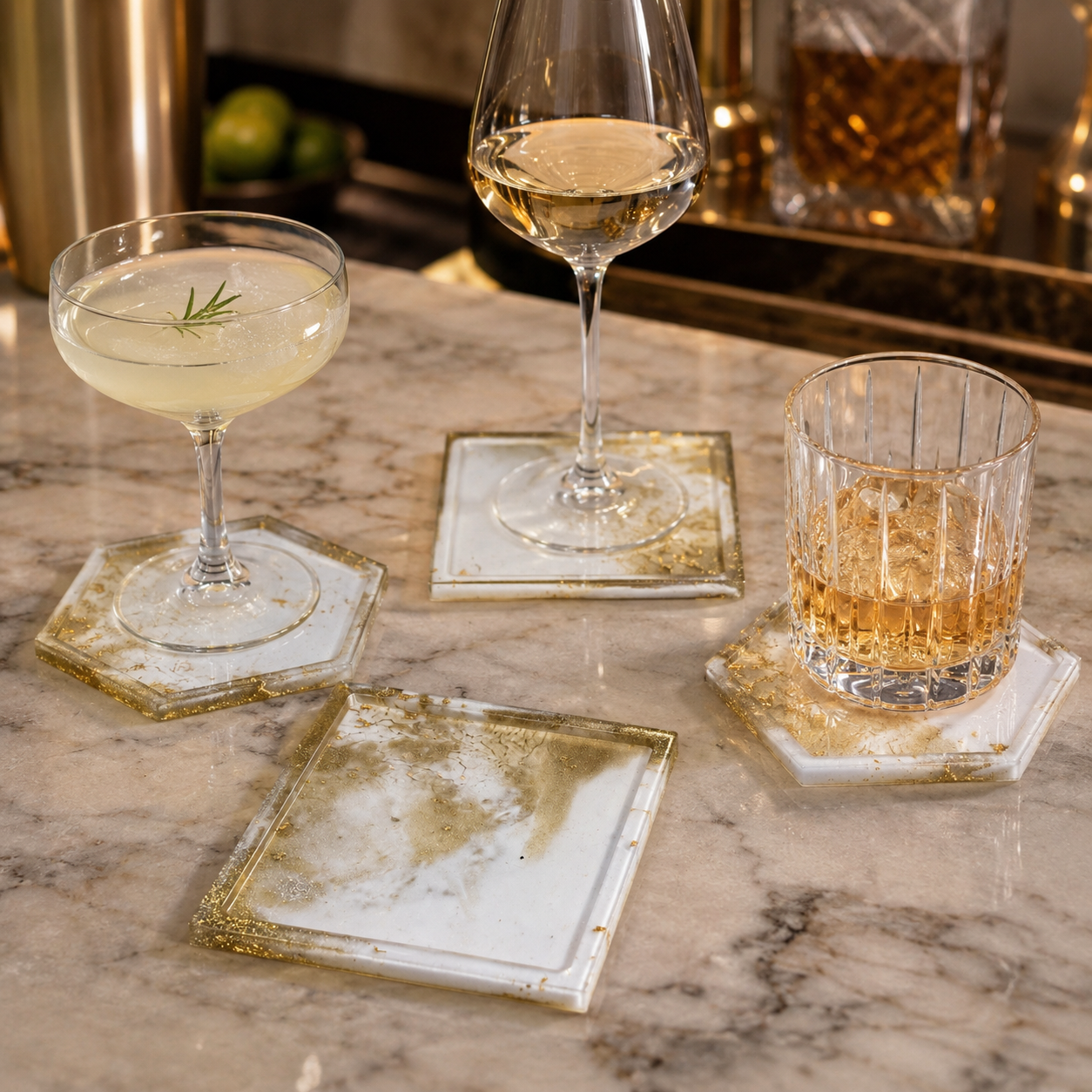 White & Gold Marble Resin Coasters