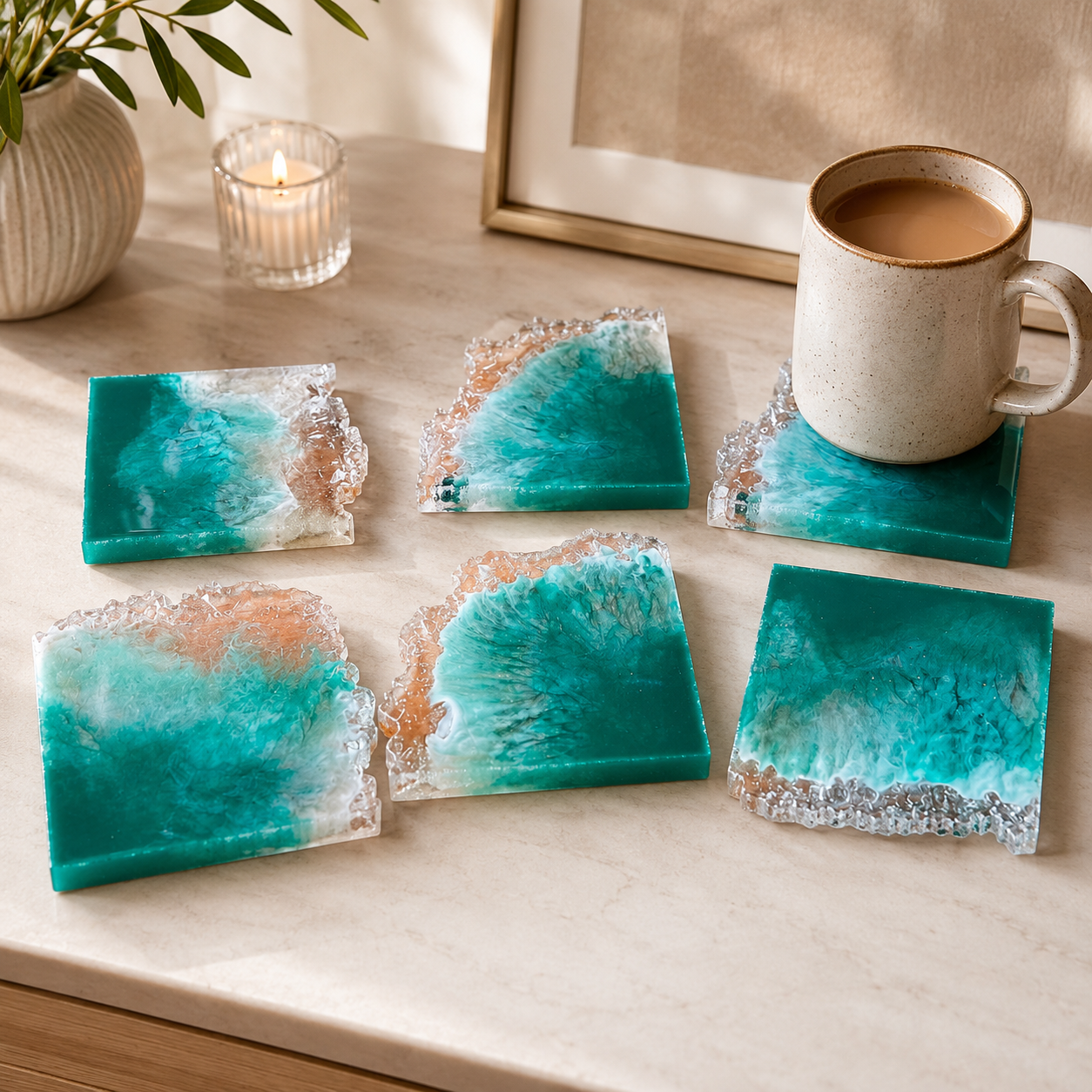 Ocean Green Agate Resin Coasters – Set of 6