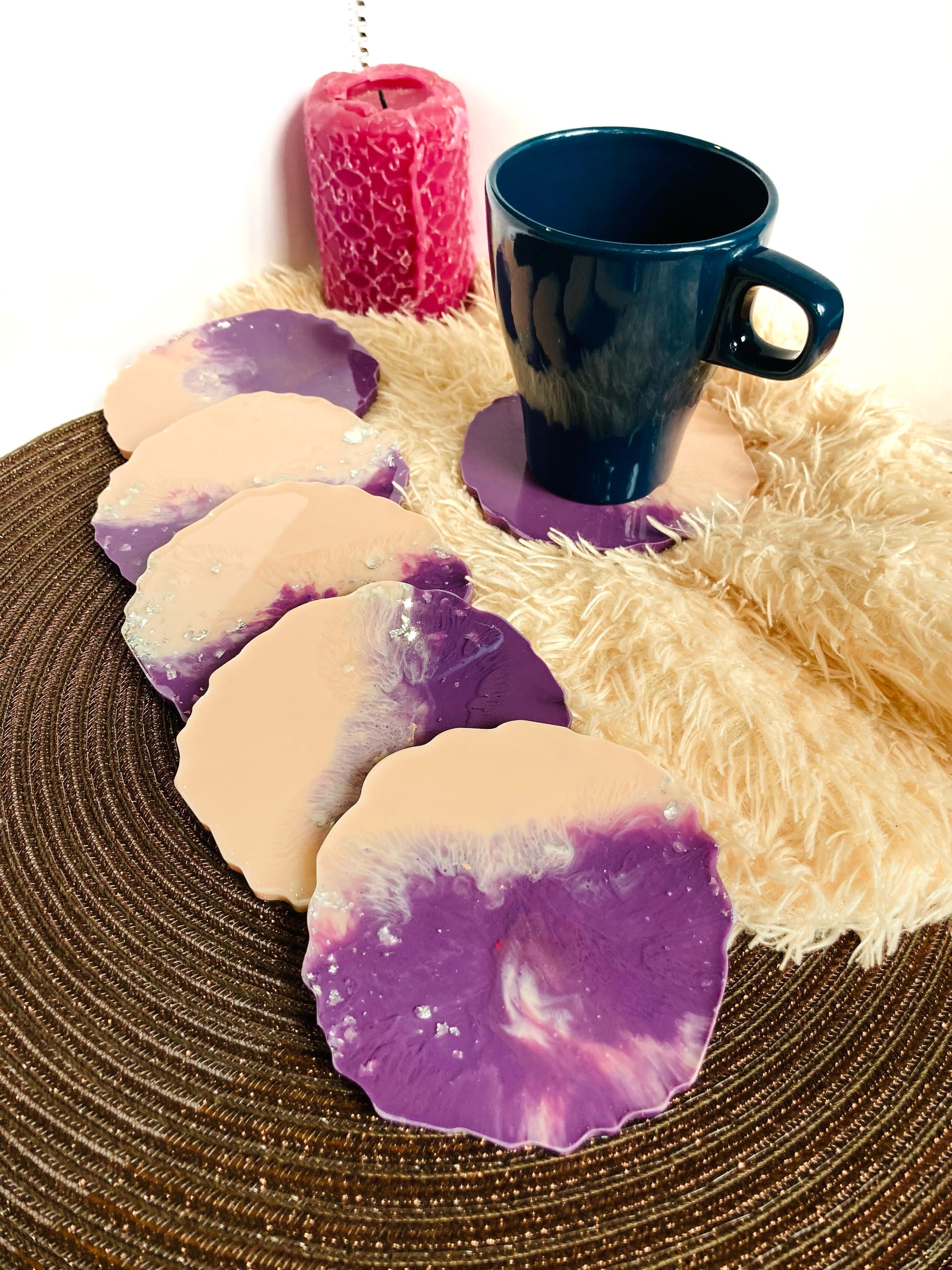 Blush pink and purple round handmade resin coaster set of 4