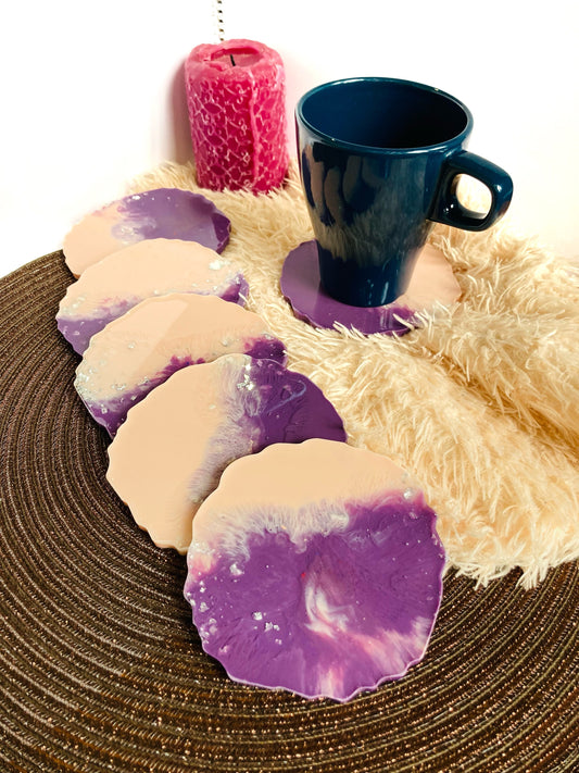 Blush pink and purple round handmade resin coaster set of 4