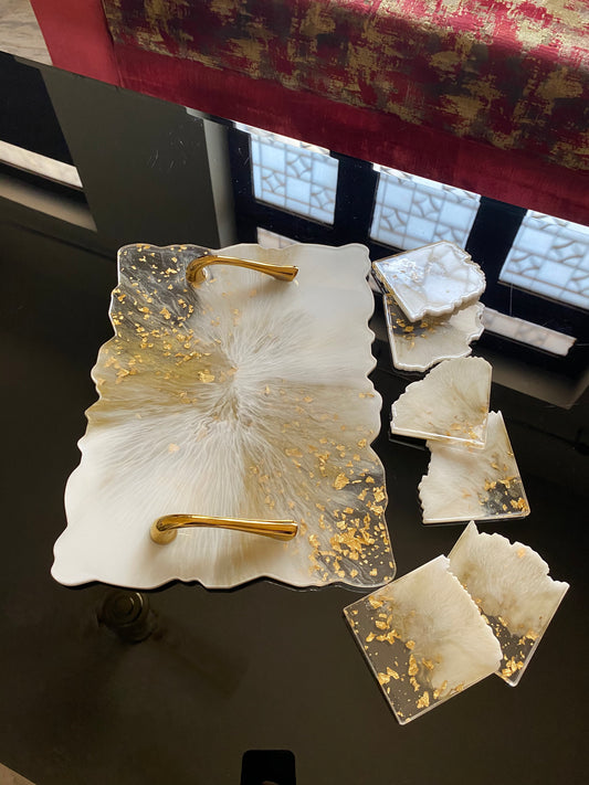 White & Gold Marble Resin Tray & Coaster Set