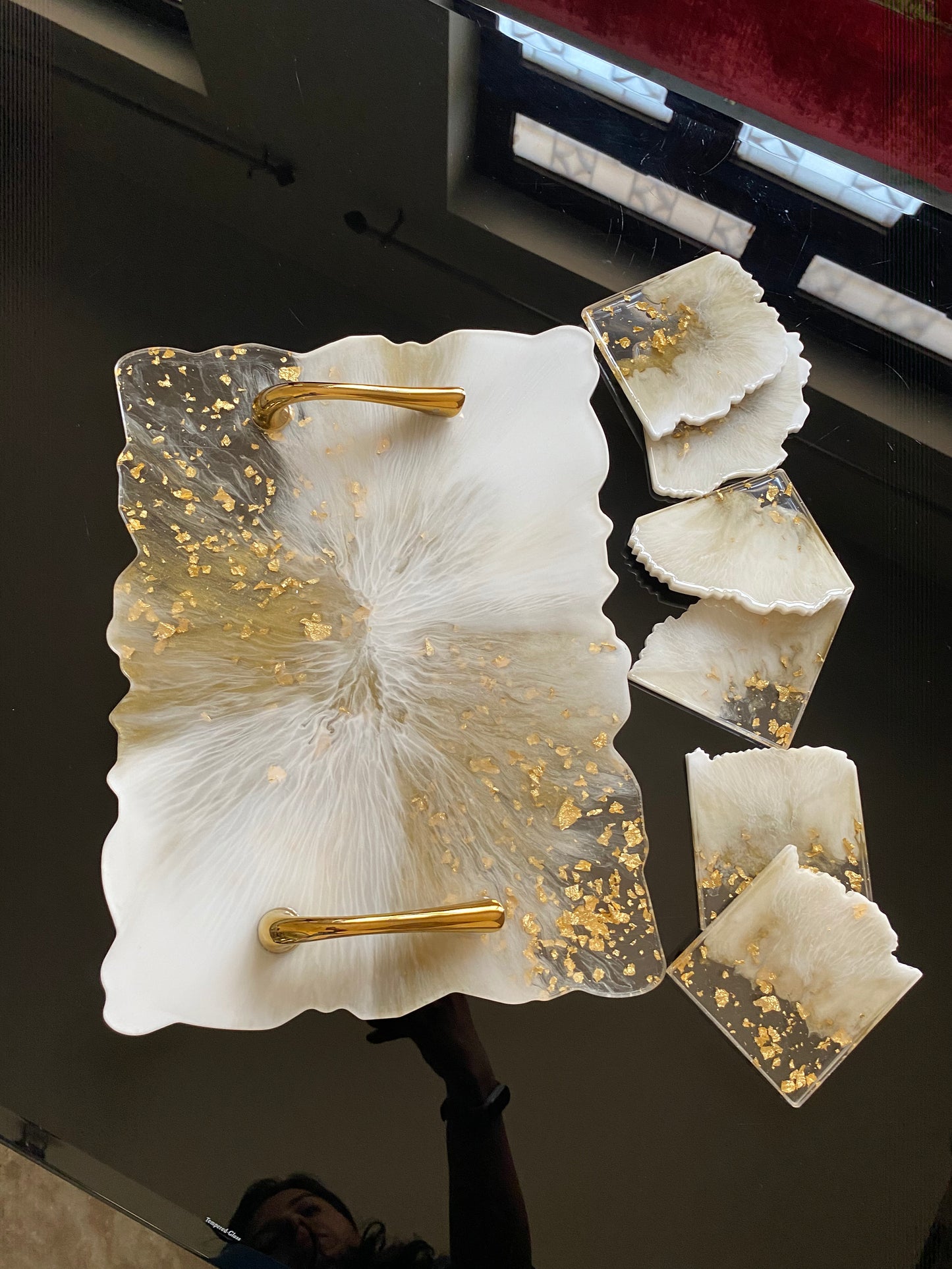 White & Gold Marble Resin Tray & Coaster Set