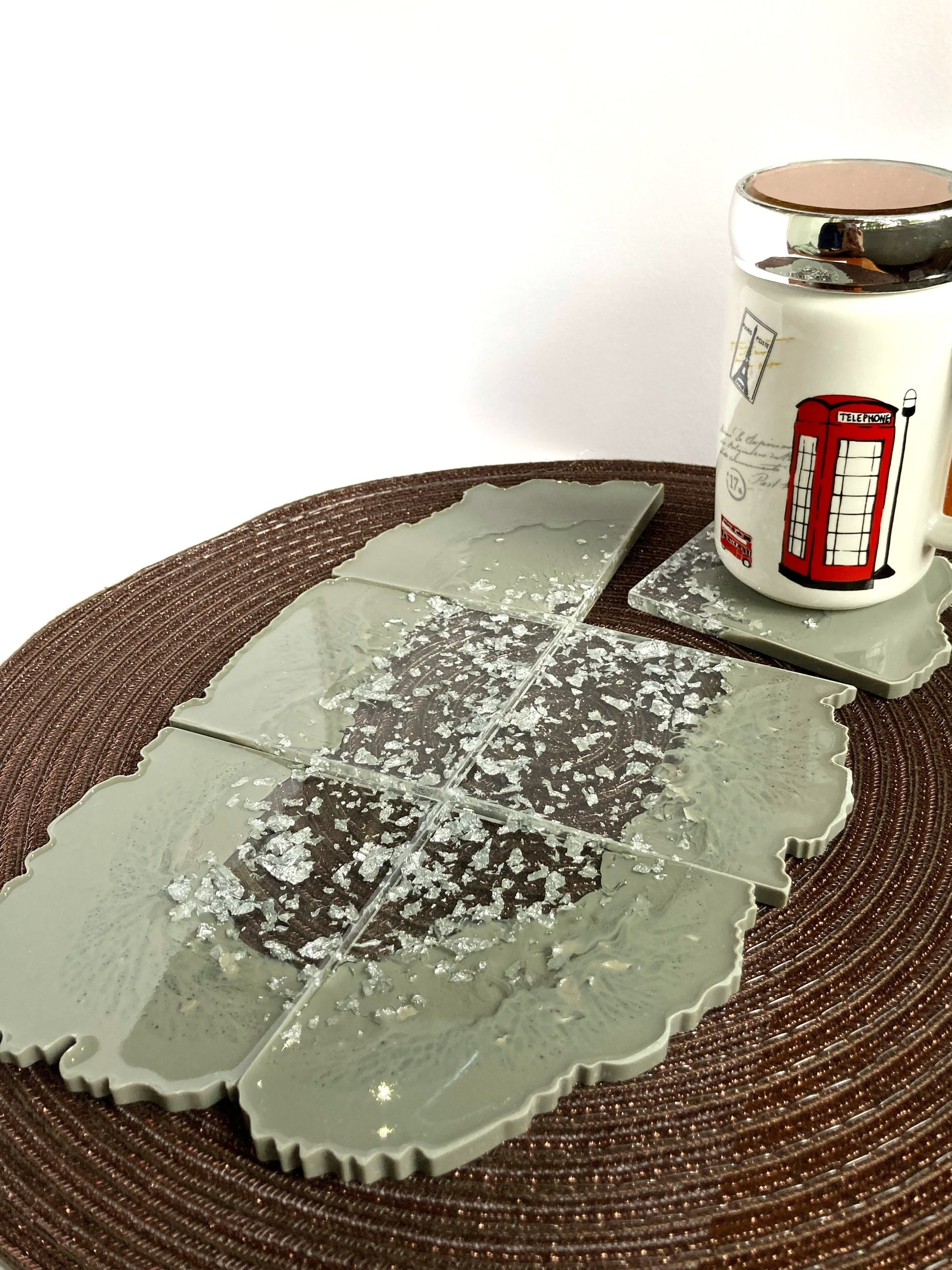Set of 6 grey silver resin coasters for table decor