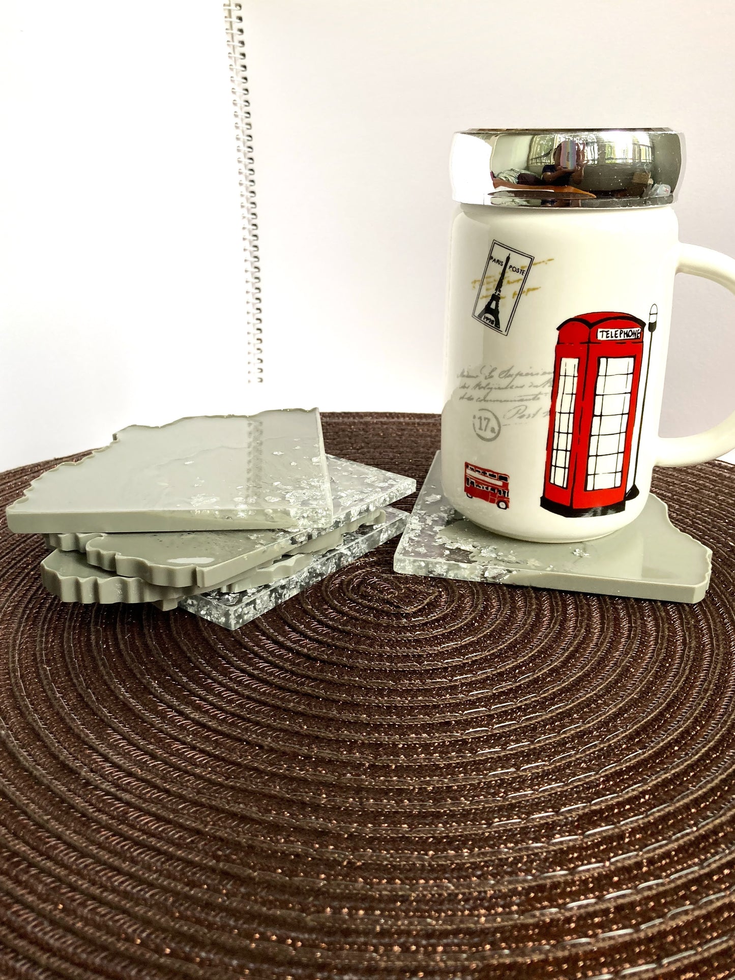 Square grey and silver resin coasters with marble finish