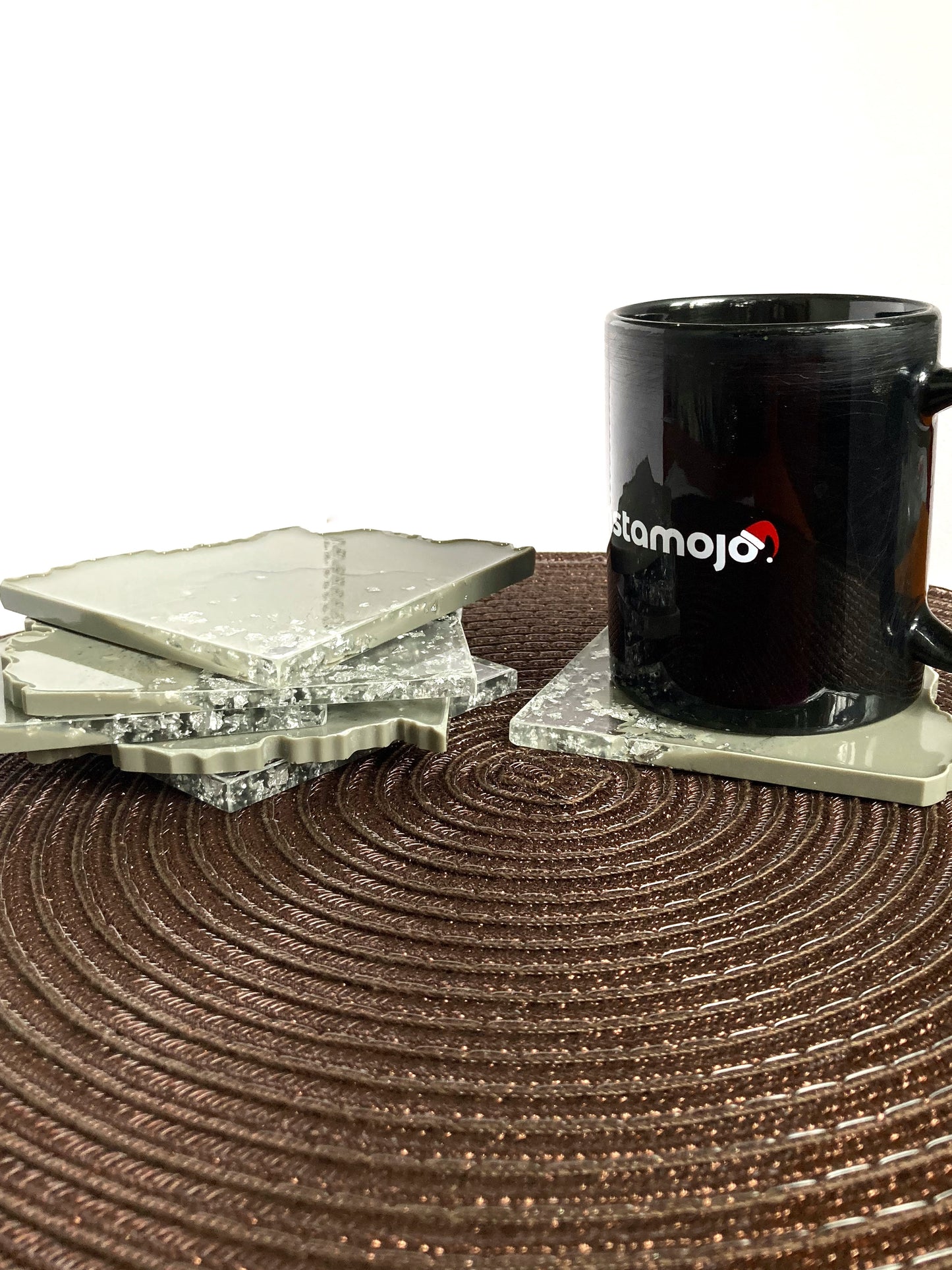 Sage Grey & Silver Resin Coasters – Set of 6