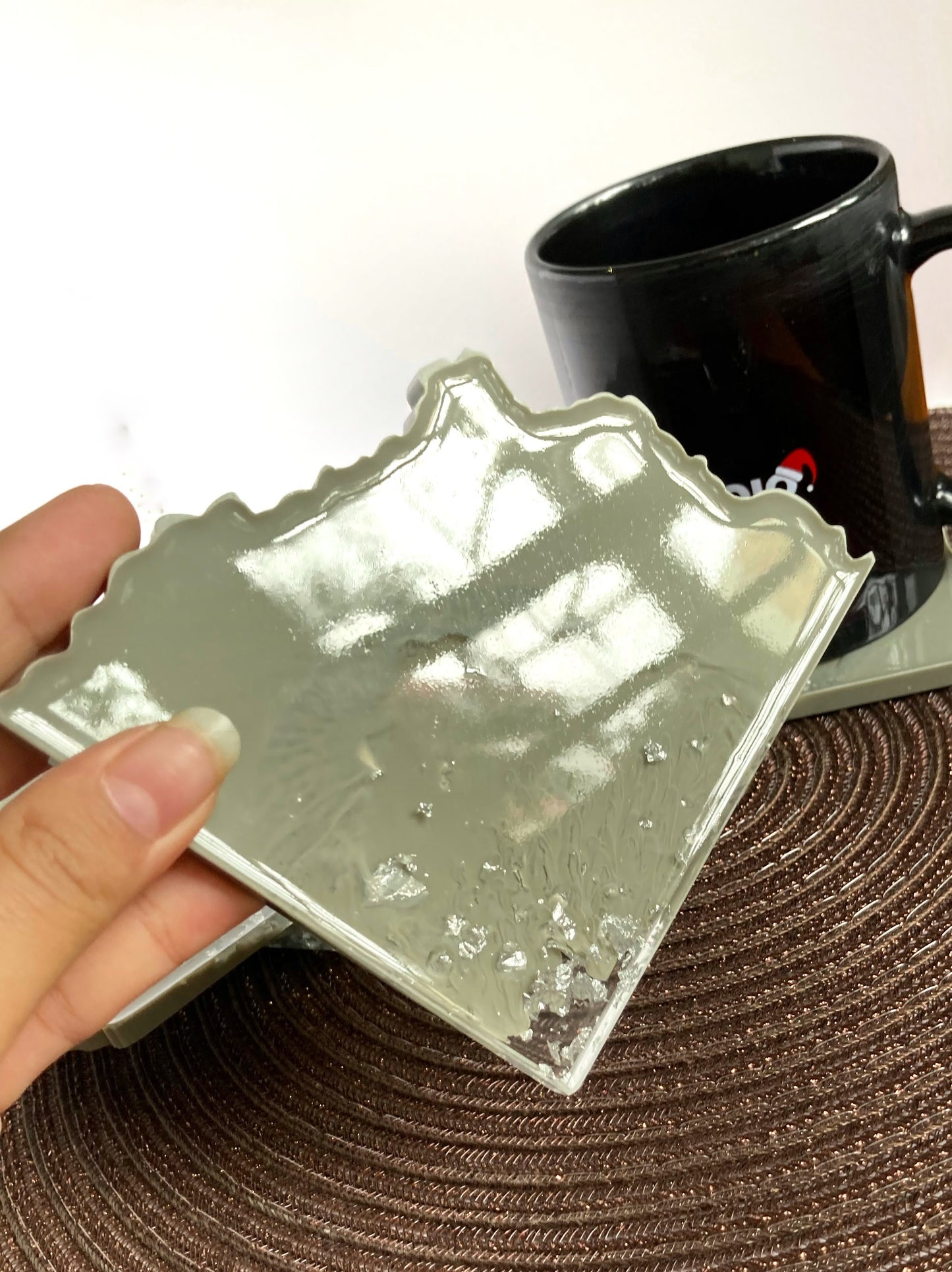 Grey and silver handmade resin coaster set of 6 - front view