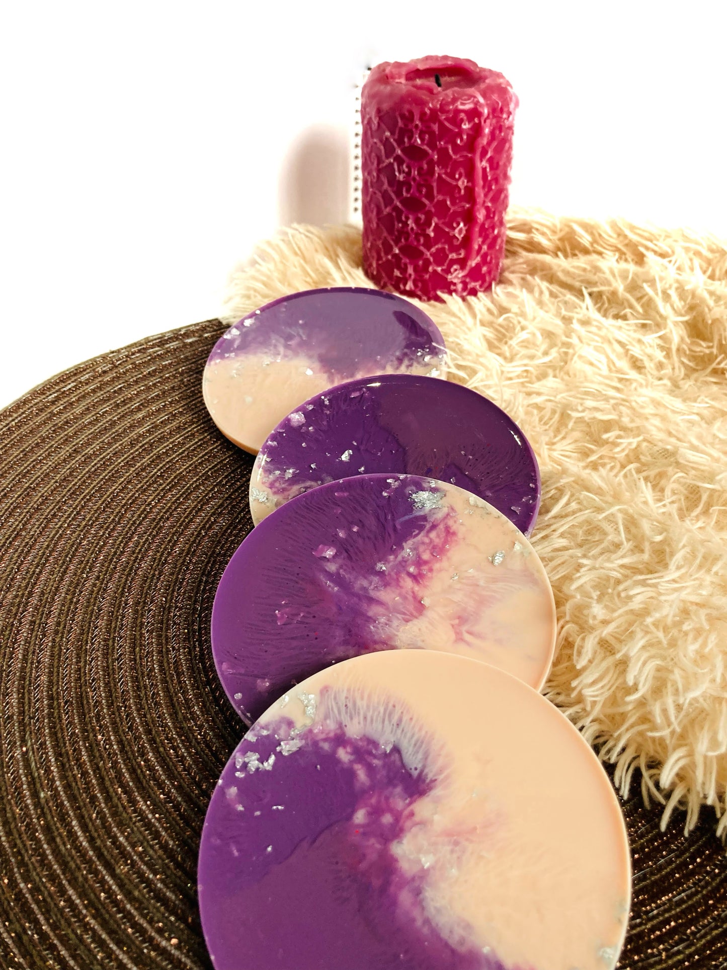 Handmade round resin coasters in pink purple and silver