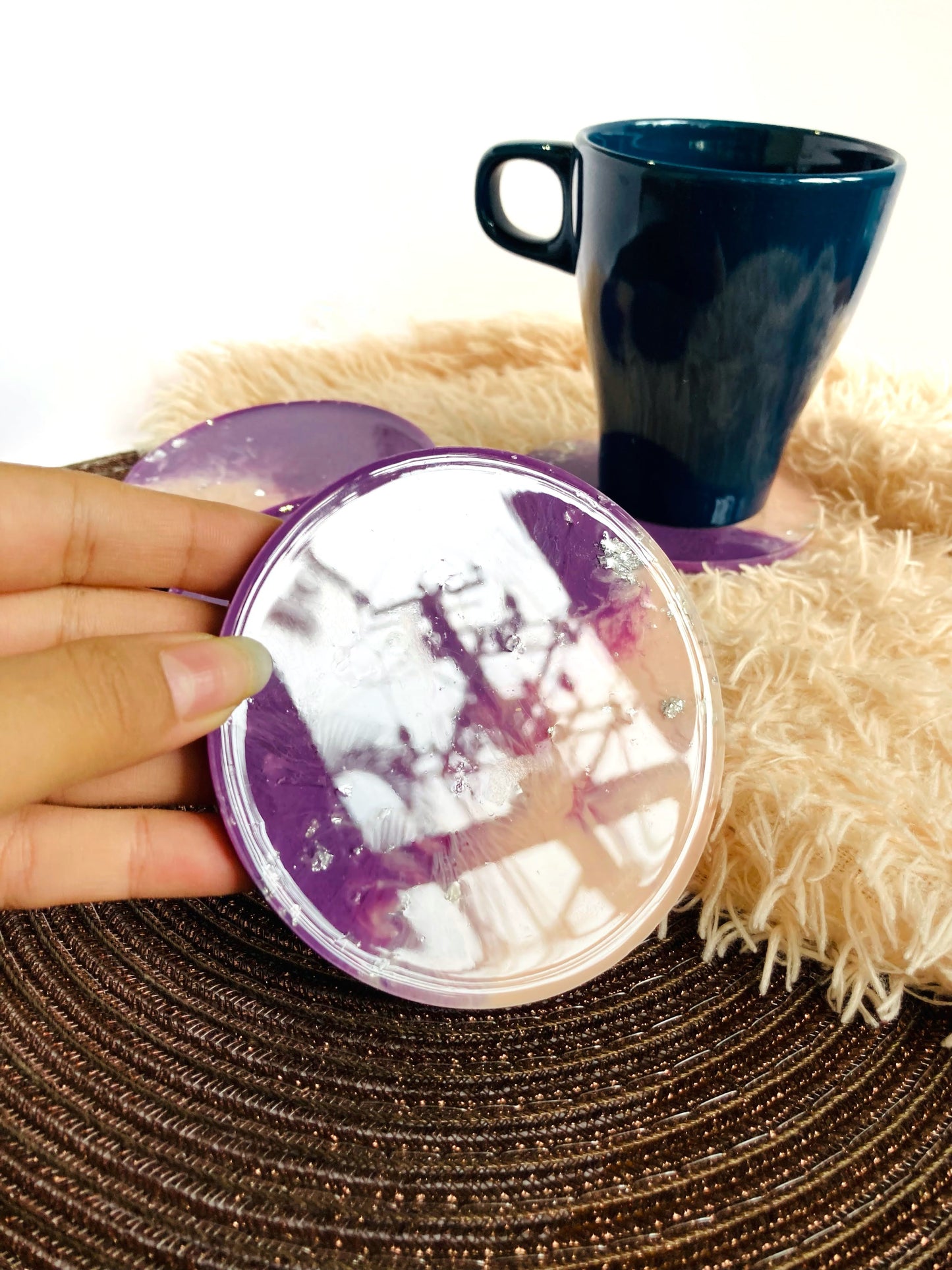 Set of 4 blush pink and purple round resin coasters
