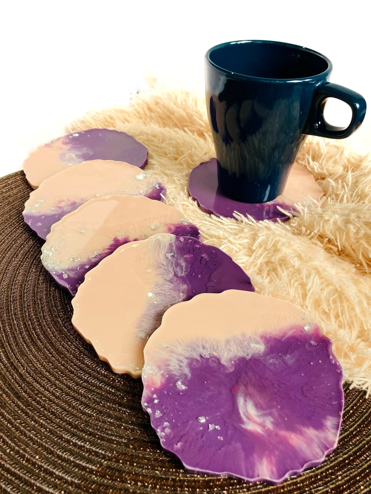 Round pink purple resin coasters with silver marble finish