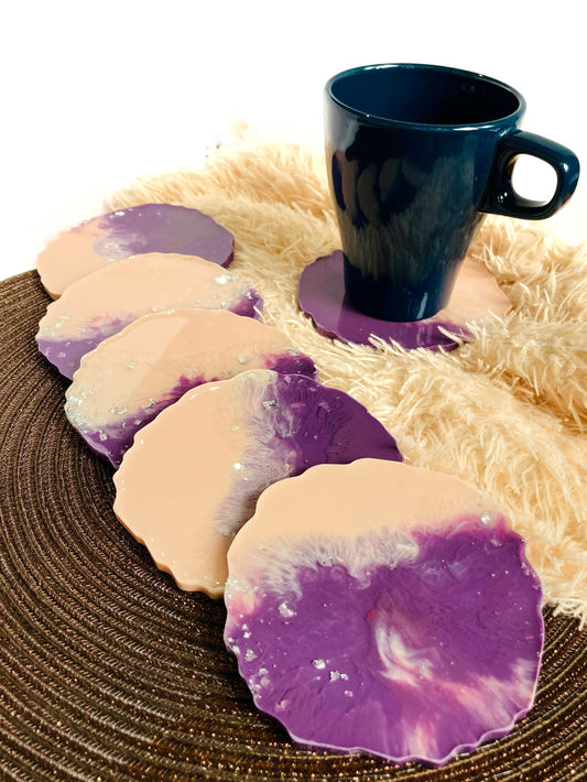 Round pink purple resin coasters with silver marble finish