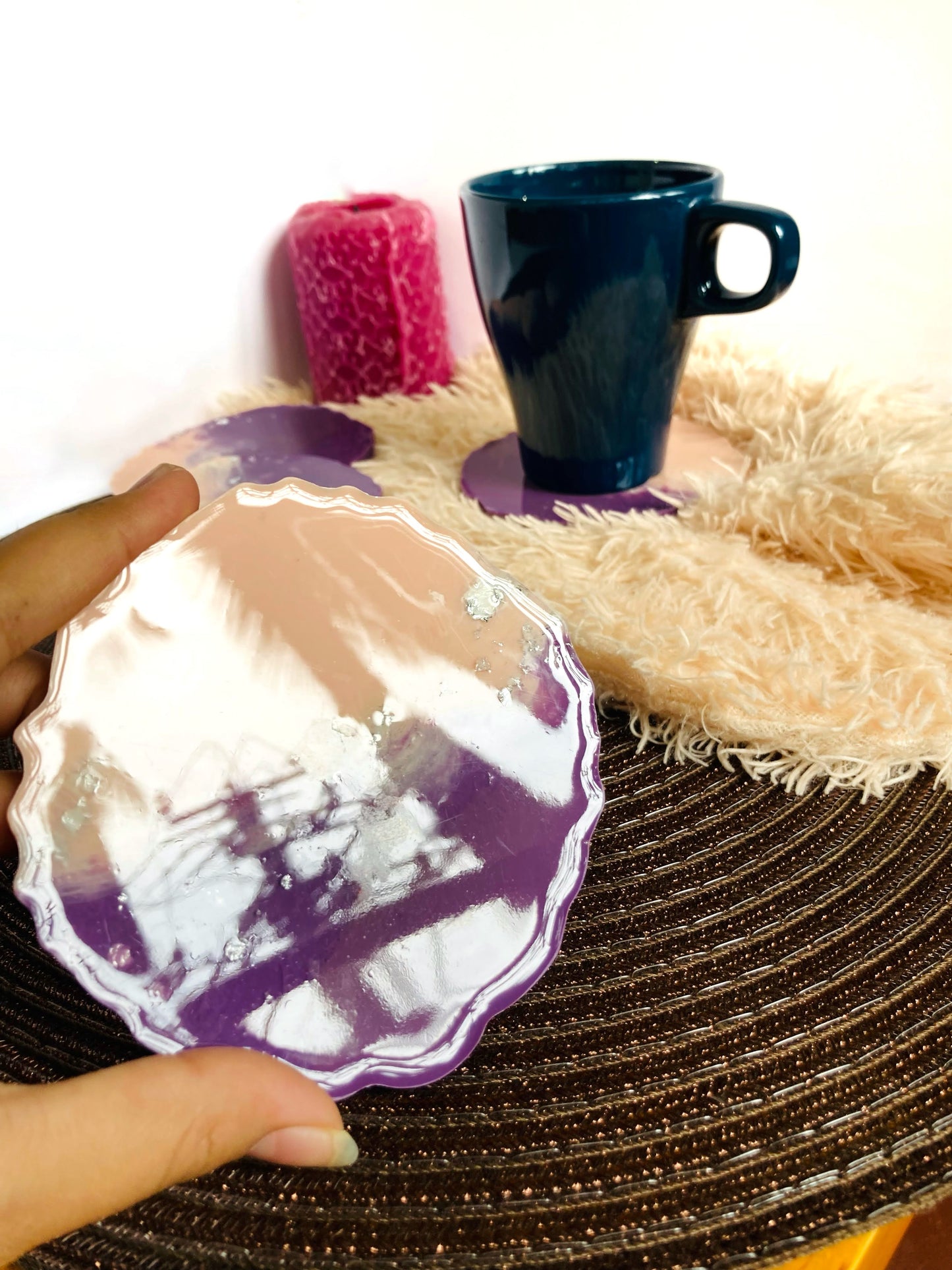 Blush pink purple coaster set styled for home decor