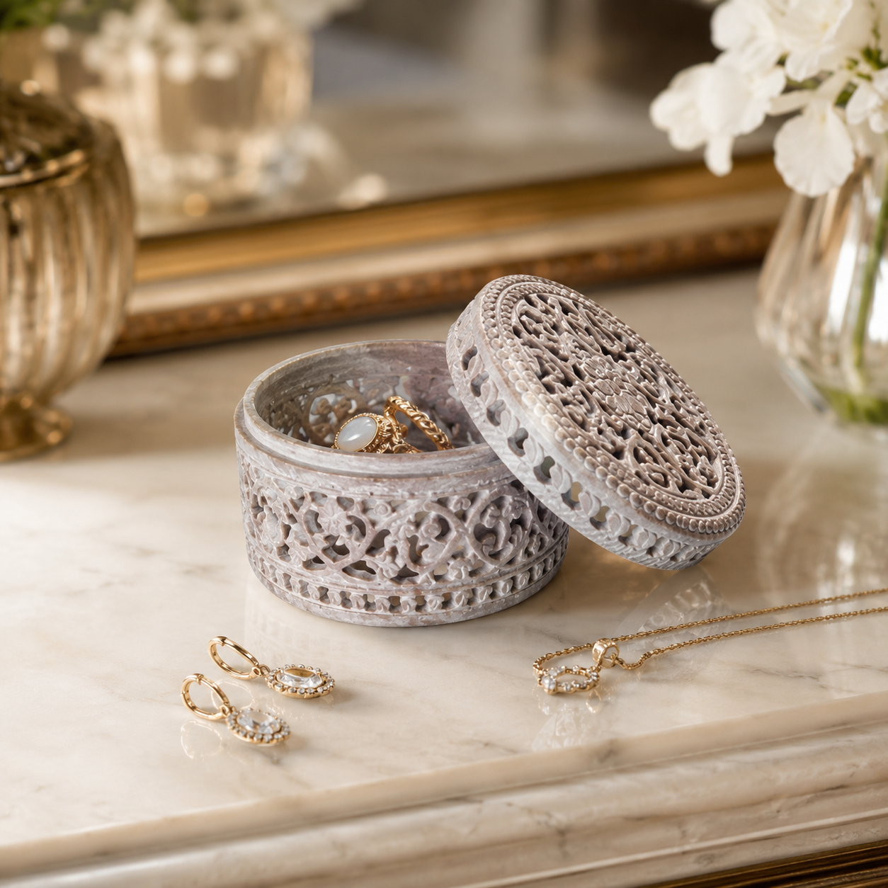 Royal Floral Carving Marble Box