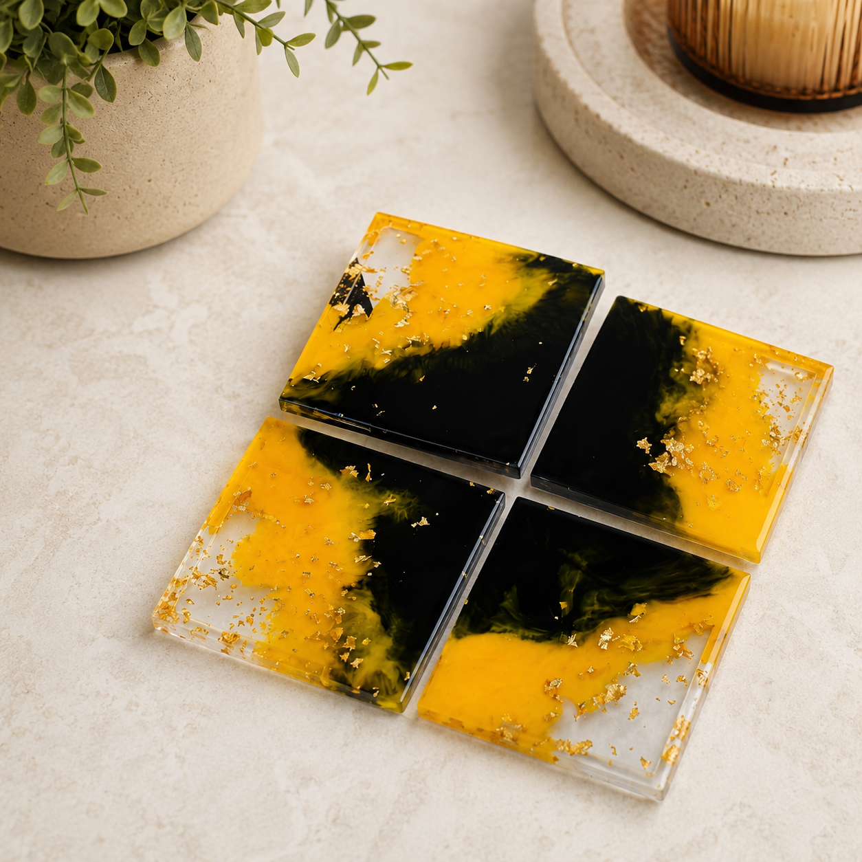 Bumble Bee Yellow & Black Resin Coasters