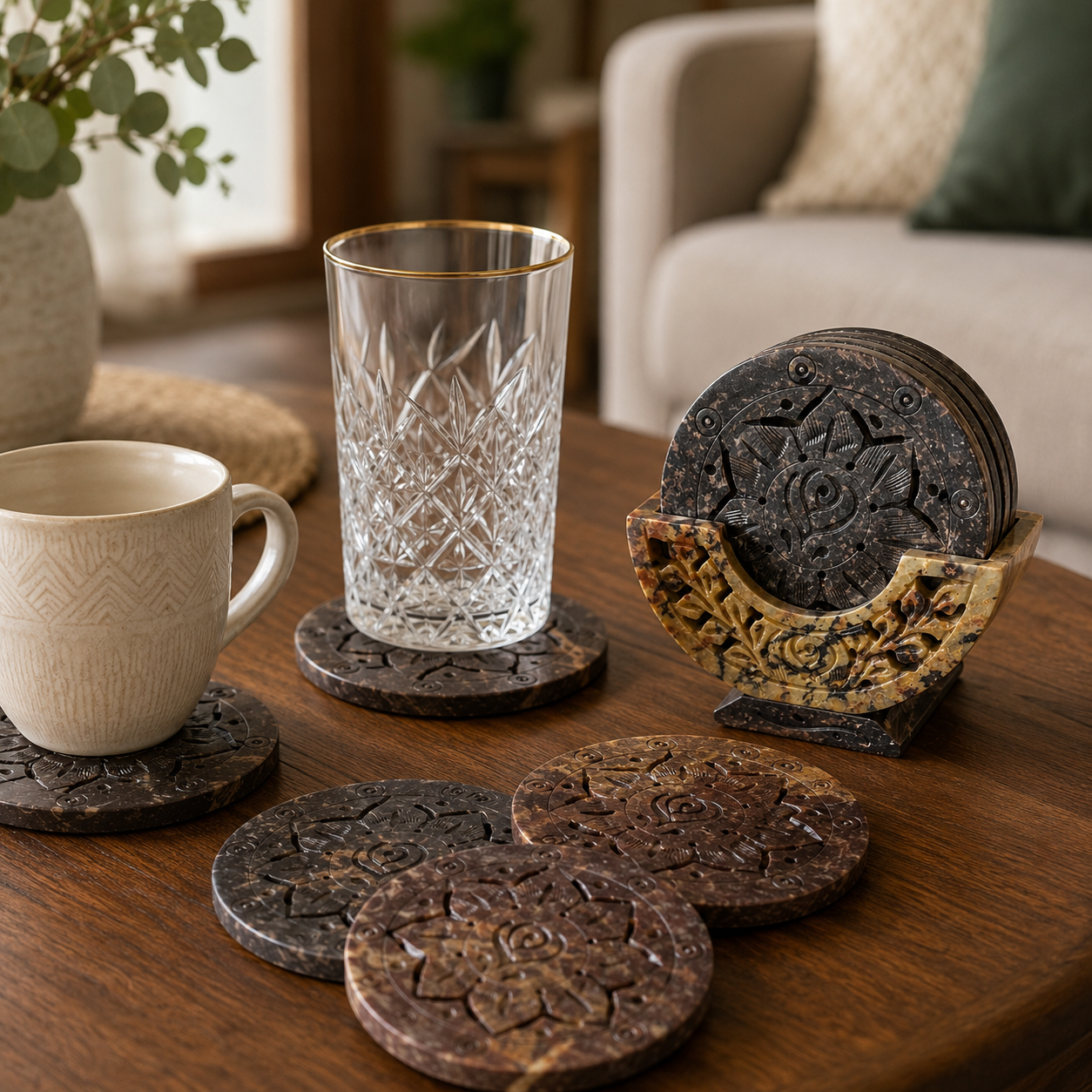 Marble Flower Cut Coasters with Stand