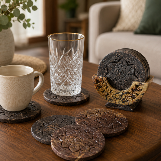 Marble Flower Cut Coasters with Stand