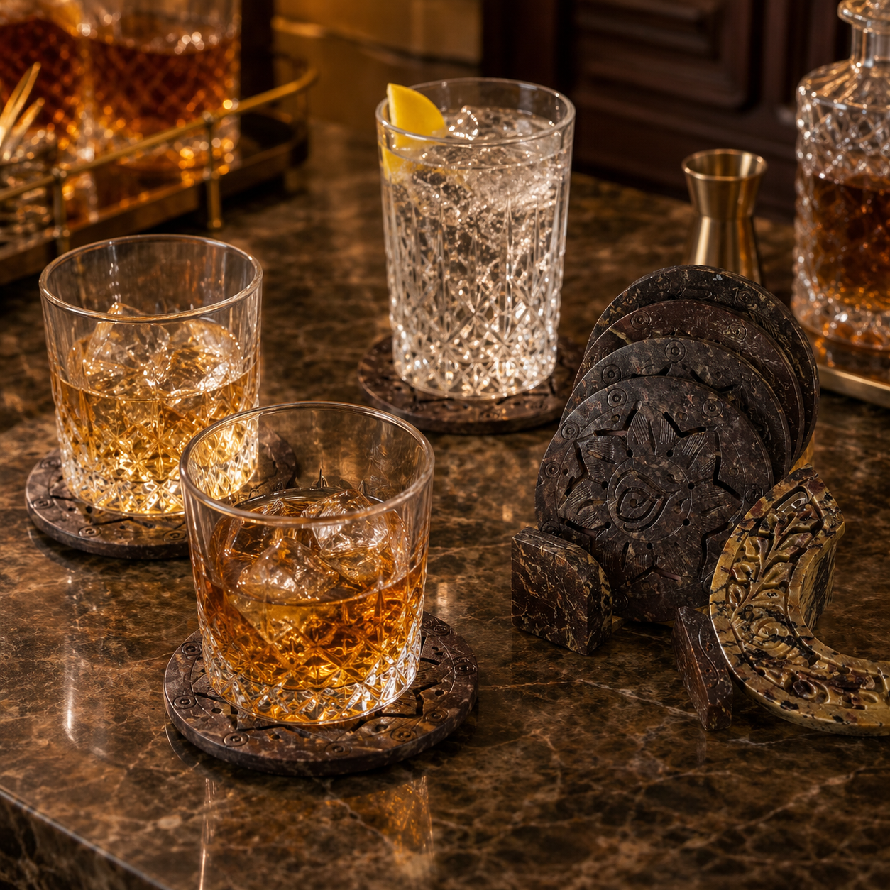 Marble Flower Cut Coasters with Stand