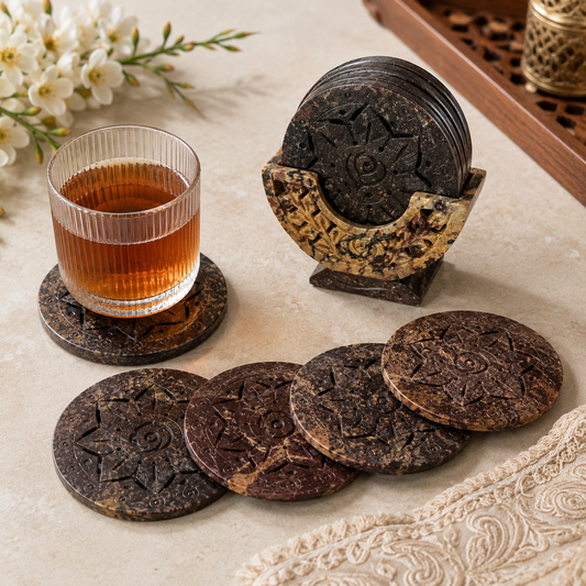 Marble Flower Cut Coasters with Stand
