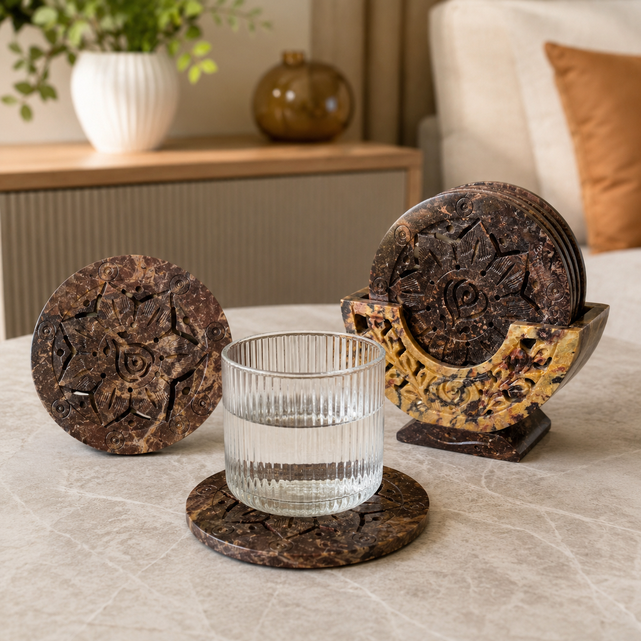 Marble Flower Cut Coasters with Stand