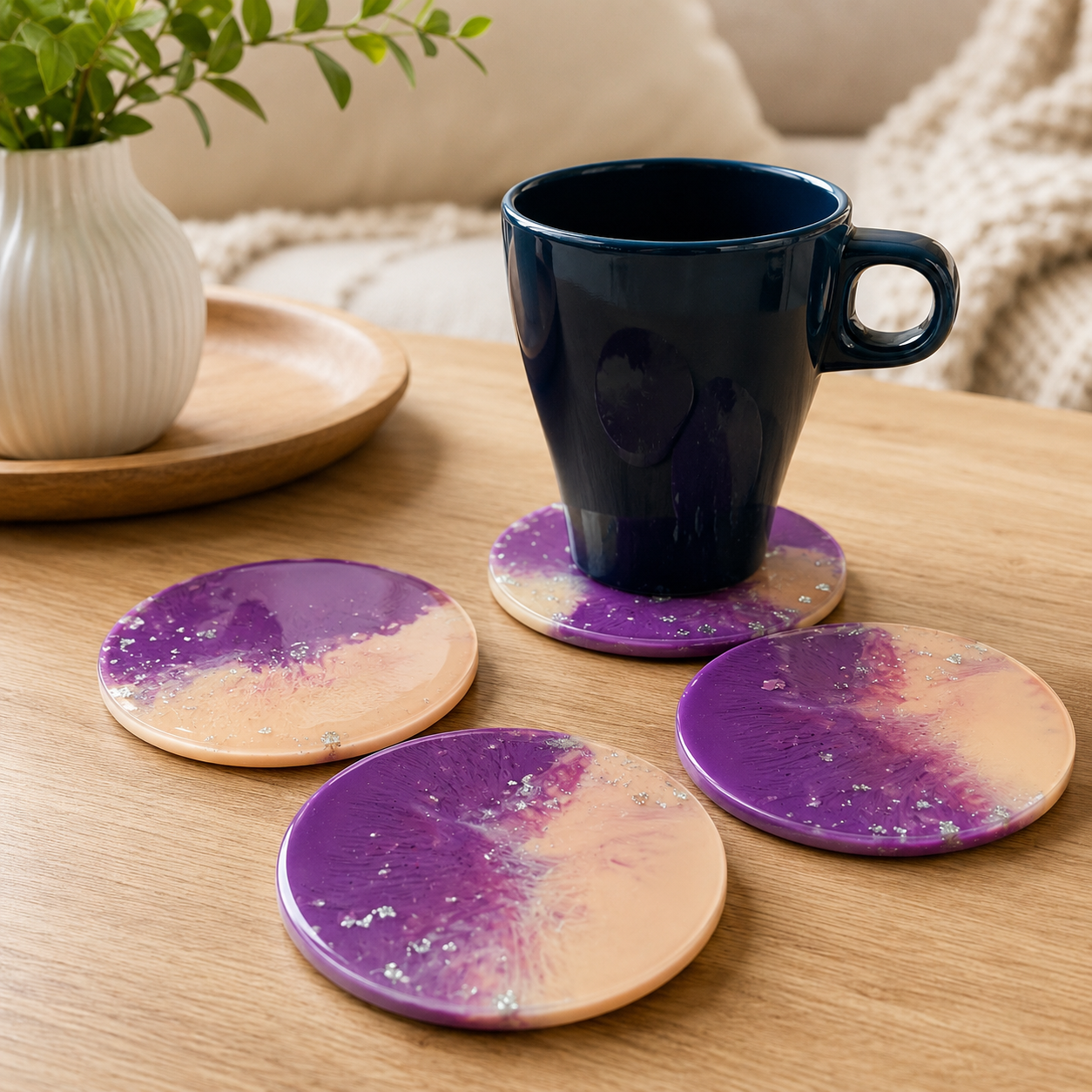 Purple Peach Silver Flake Resin Coasters