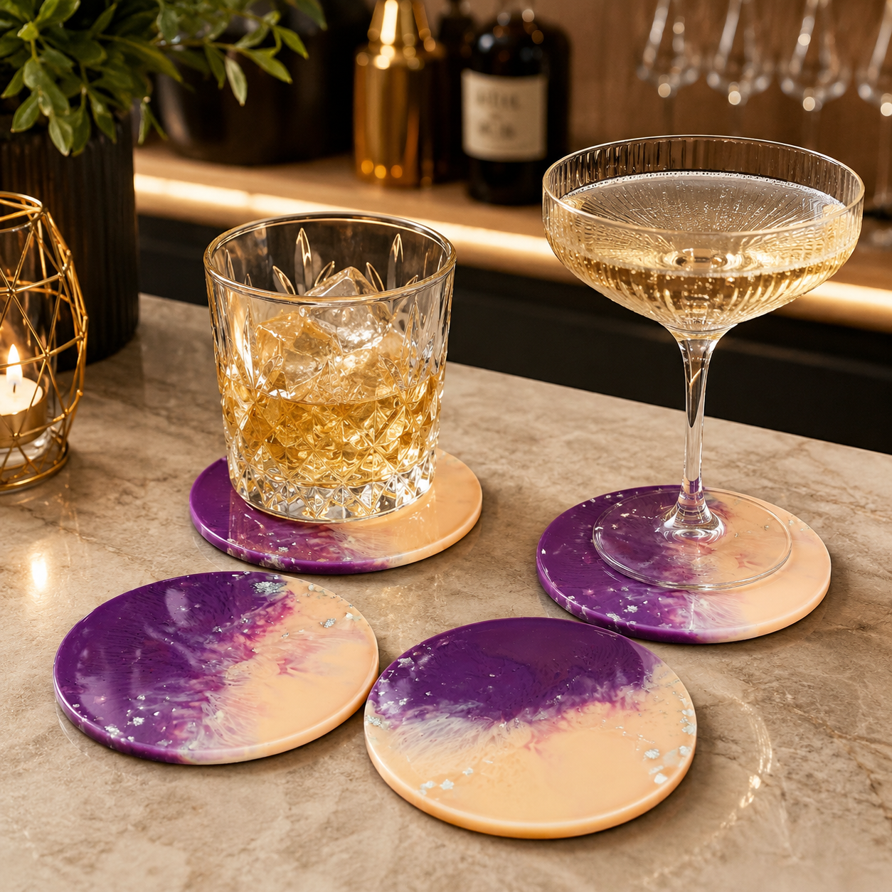 Purple Peach Silver Flake Resin Coasters