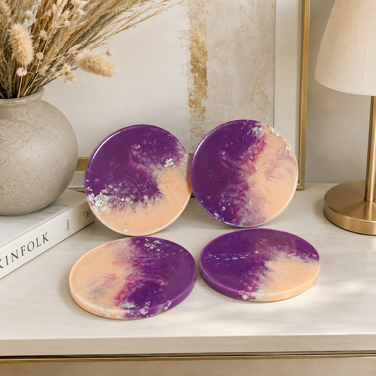 Purple Peach Silver Flake Resin Coasters