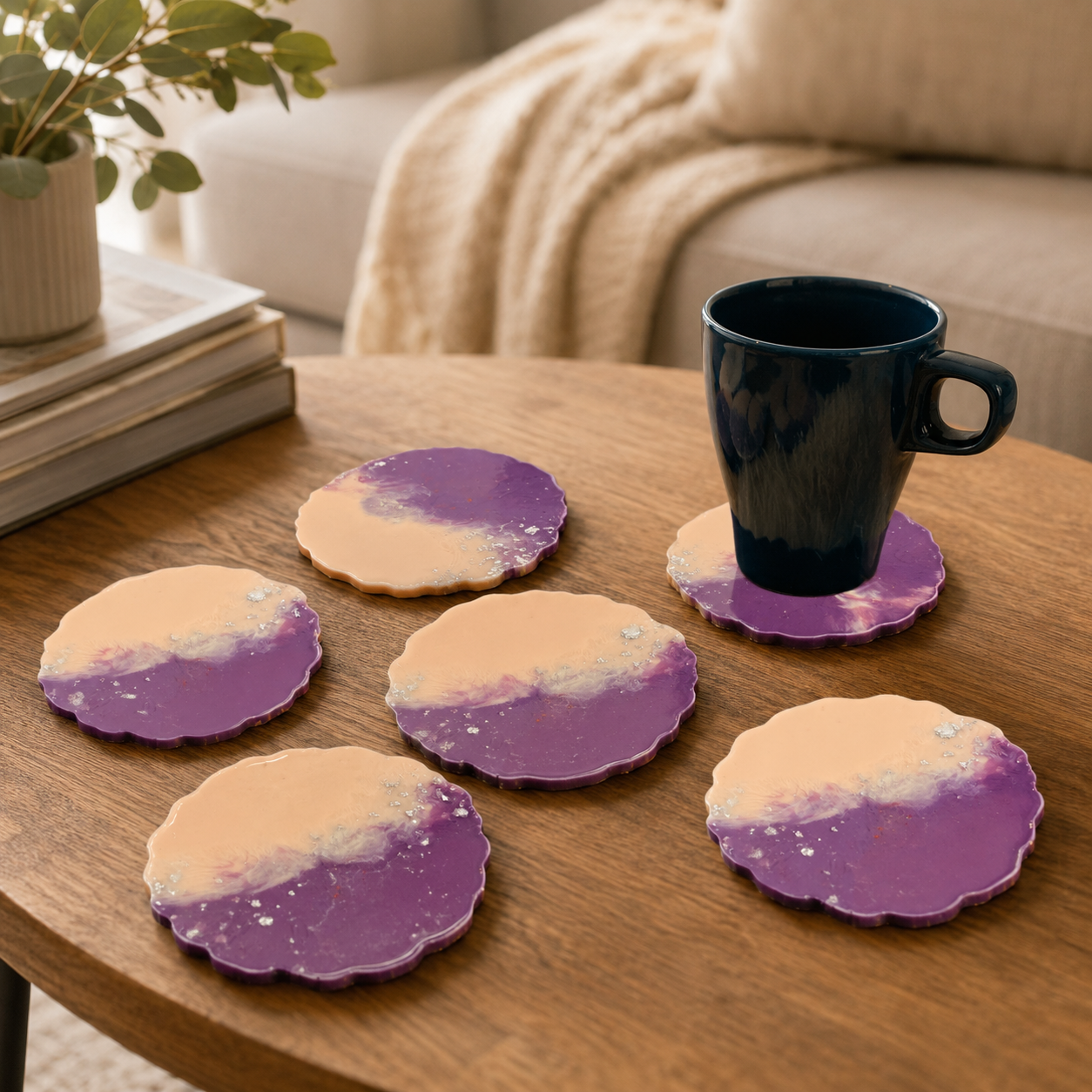 Purple Peach Silver Flake Resin Coasters
