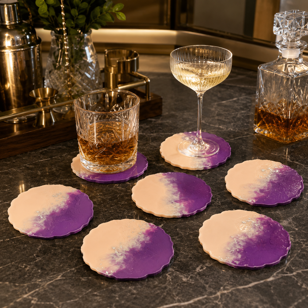 Purple Peach Silver Flake Resin Coasters