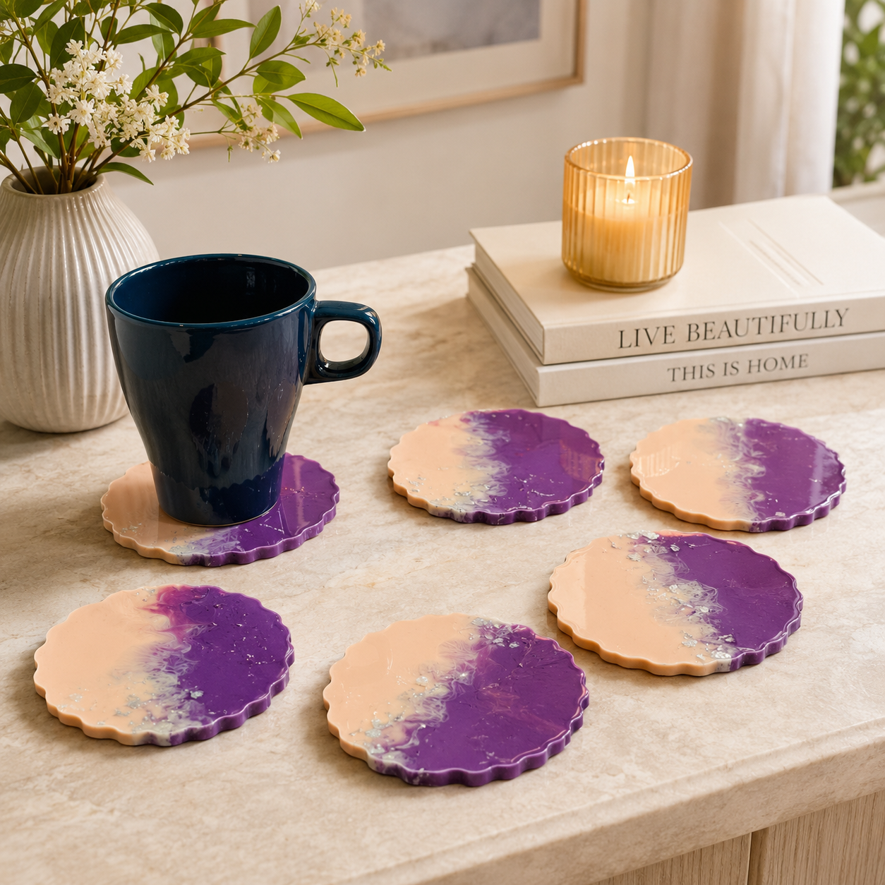 Purple Peach Silver Flake Resin Coasters