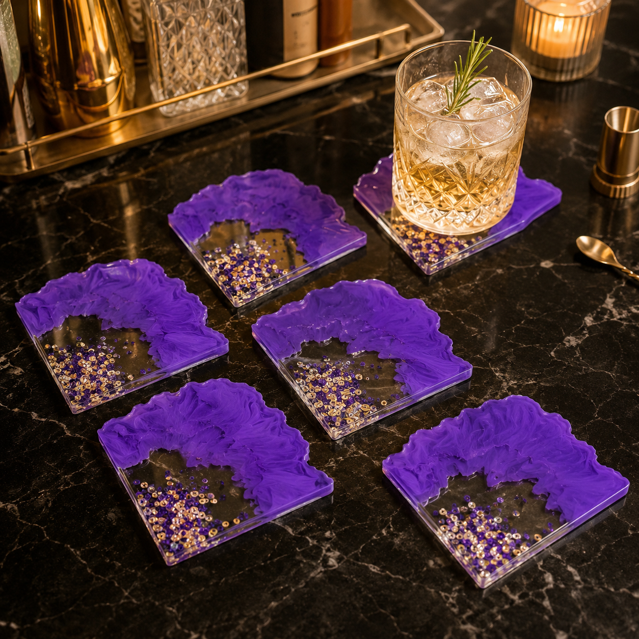 Purple & Multi Sequin Resin Coasters
