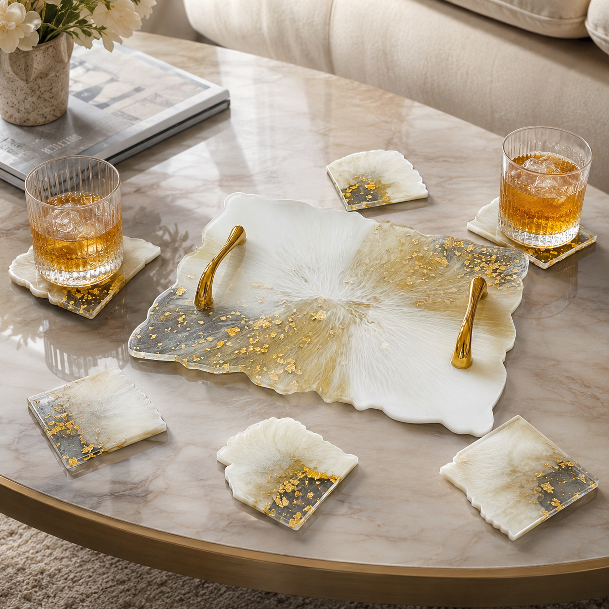 White & Gold Marble Resin Tray & Coaster Set