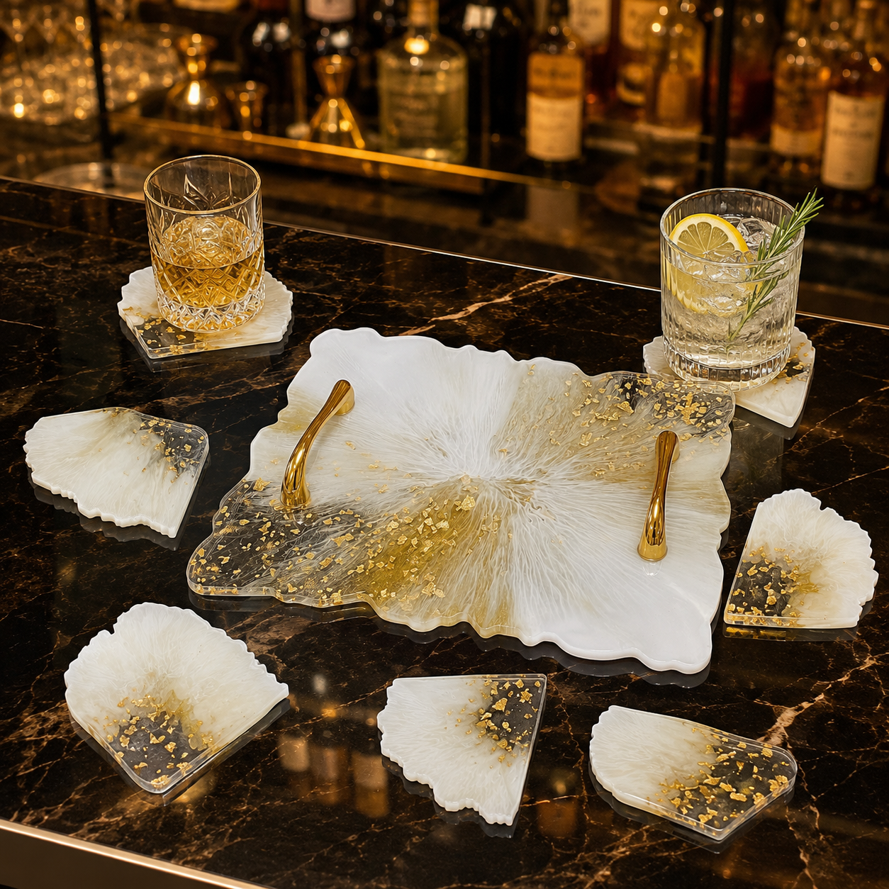 White & Gold Marble Resin Tray & Coaster Set