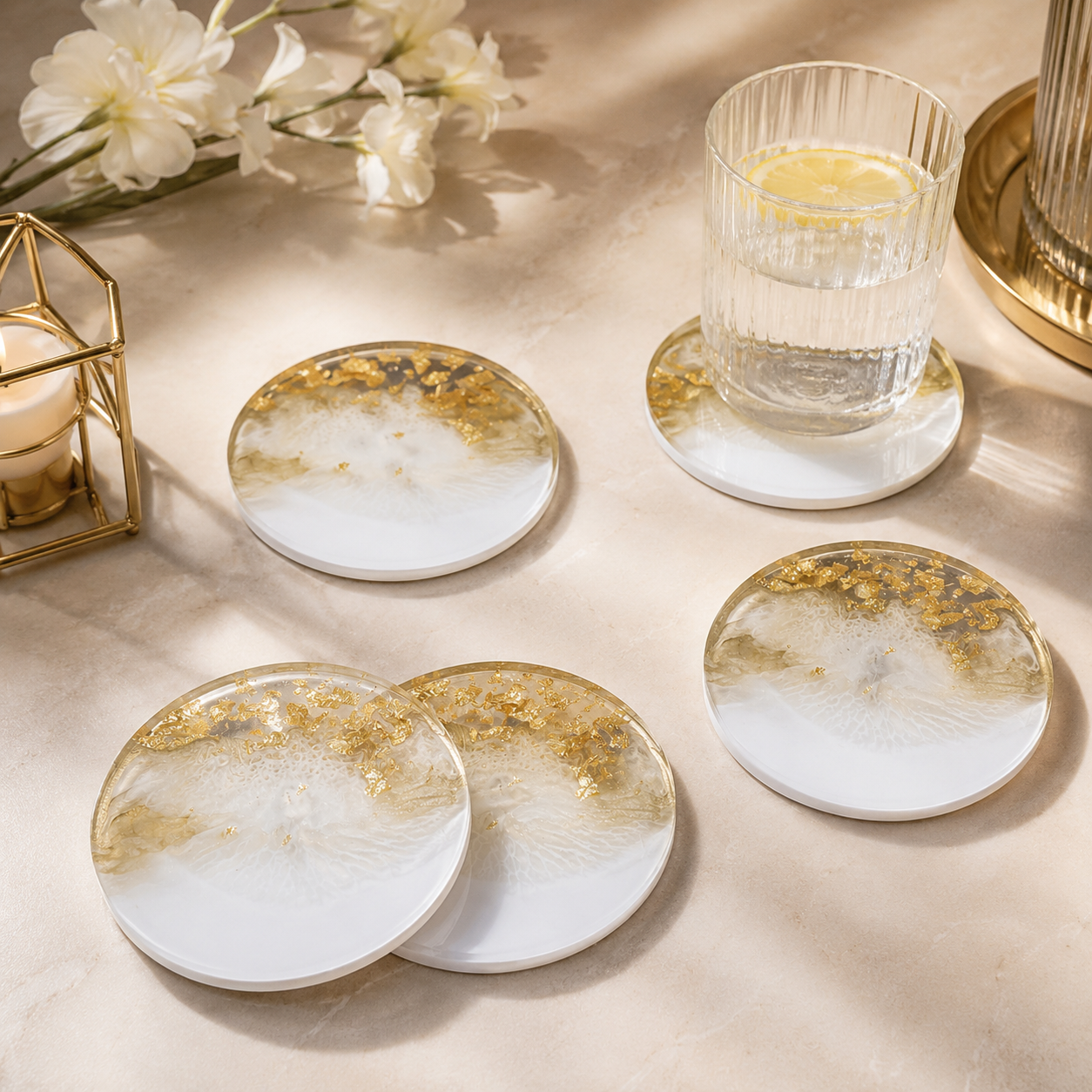 White & Gold Marble Resin Coasters