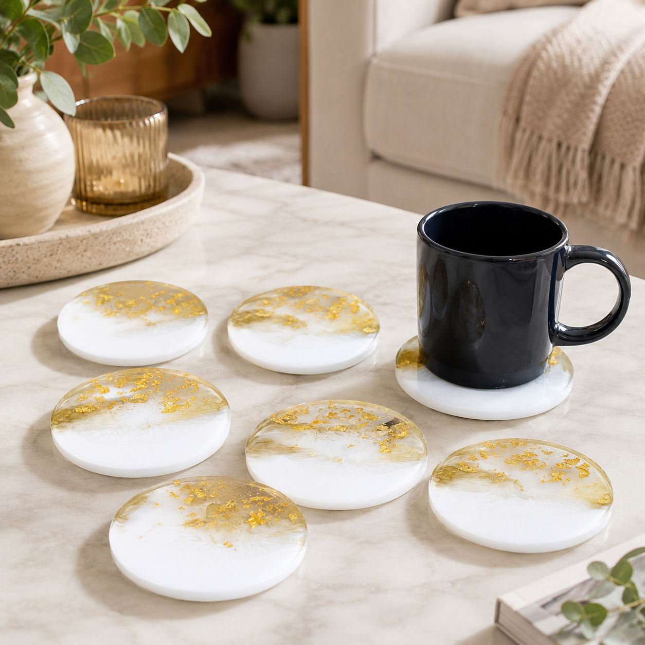 White & Gold Marble Resin Coasters
